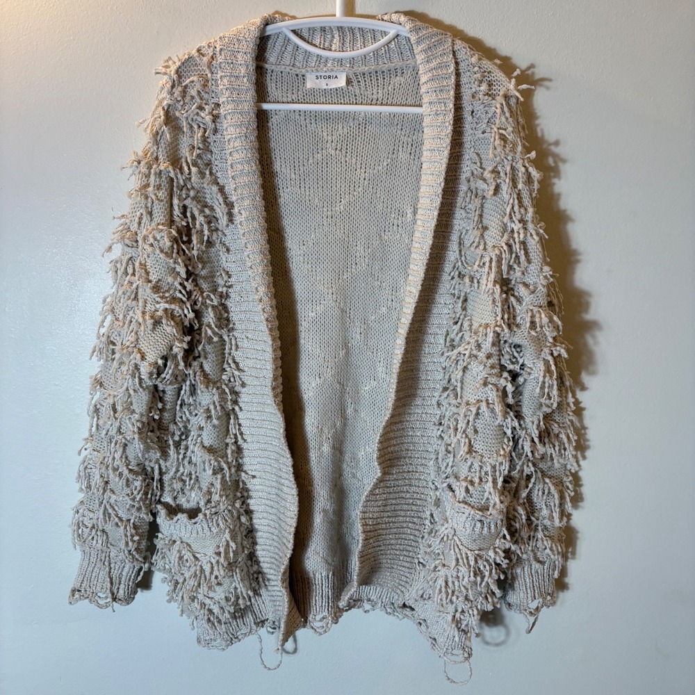 Storia Shaggy Fringe Knit Cardigan Sweater Oatmeal Beige Size Small‎